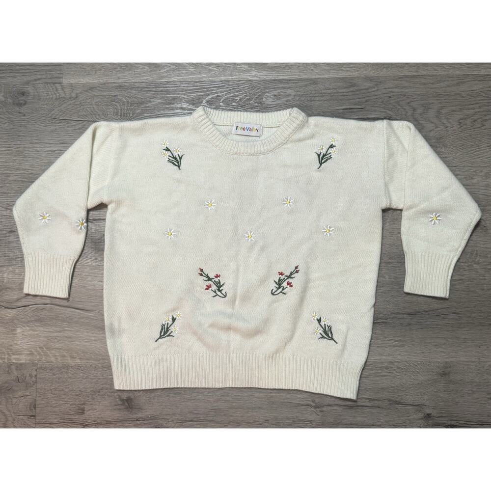 Free Valley Knit Sweater Flower Daisy Embroidered M L White Crew Neck